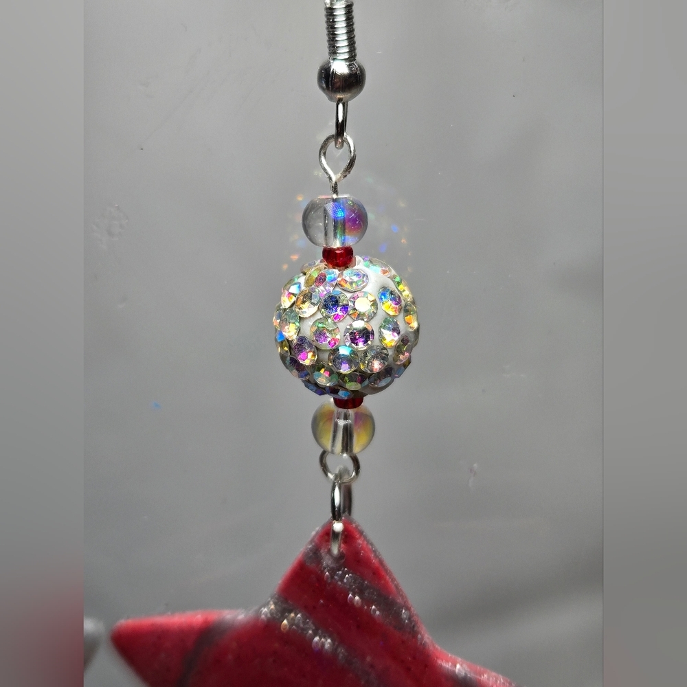 #B360- Twinkling Star Swirl Earrings in Red and Silver - Picture 3 of 5